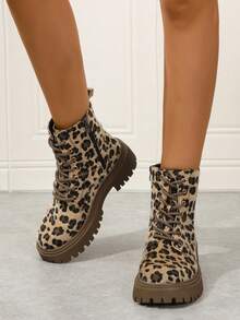 Women's Flat Non-Slip Lace-Up Fashionable Leopard Print Ankle Boots, Autumn/Winter