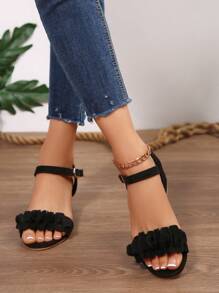 1 Pair Round Toe Floral Suede High Heel Sandals For Teenage Girls, 5cm Heel Height, Comfortable PU Non-Slip Wear-Resistant, Cute Princess Style Suitable For School, Party, Holiday, Spring/Summer