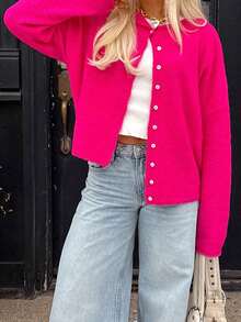 Women Y2k Crew Neck Cardigan Sweater Long Sleeve Button Down Solid Color Top Fall Casual Vintage Lightweight Knitwear - 玫紅色 - 查看 3