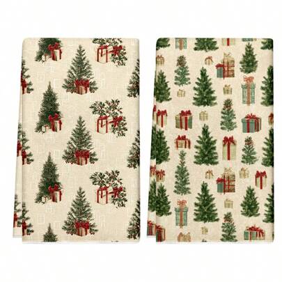1 conjunto/2 peças de panos de prato com estampa de árvore de Natal, esponjas de limpeza, panos de prato, adequados para sala de jantar, cozinha, banheiro, decoração de Natal, decoração de festa em família, decoração de casa, itens domésticos, presentes para idosos e amigos