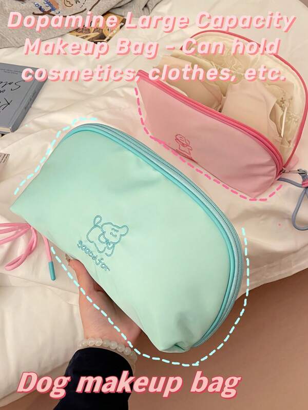 حقيبة مكياج سعة كبيرة بتصميم الجرو والماكرون، بطراز بسيط، حقيبة منظم متعددة الاستخدامات للملابس الداخلية والعناية بالبشرة والمستحضرات التجميلية، محمولة وفاخرة
