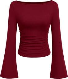 Womens Long Sleeve Shirts 2026 Spring Crop Going Out Tops Casual Boat Neck Sleeve Ribbed Ruched Y2K Clothes - Burgundy - View 1