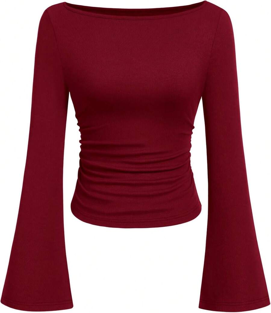 Womens Long Sleeve Shirts 2026 Spring Crop Going Out Tops Casual Boat Neck Sleeve Ribbed Ruched Y2K Clothes - Burgundy - View 1