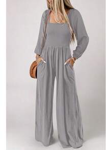 Women's Casual Loose Overalls Jumpsuits One Piece Long Sleeve Wide Leg Long Pant Rompers With Pockets - Màu Xám nhạt - Xem 2