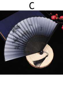1 件古董折叠竹扇，中式折叠扇，舞蹈扇饰有黑色蝴蝶流苏花卉图案，传统舞蹈扇，手工扇优雅