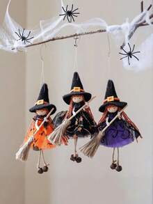 1 buc. Păpușă vrăjitoare de Halloween, decorațiune agățată cu mătură, decorațiuni agățate pentru mai multe festivaluri, decorațiuni interioare și exterioare: Crăciun, Anul Nou, toamnă și iarnă - formă de vrăjitoare din material textil durabil, modele violet/portocaliu/verde/alb-negru, decorațiuni figurină de colecție înfricoșătoare pentru petreceri de sărbători
