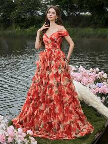 Faeriesty Vestido de noche de lujo con hombros descubiertos, tirantes finos y detalle de lazo en la espalda - Falda formal de línea A con volantes escalonados para galas de etiqueta negra, estrenos de ópera, bodas de lujo, eventos de alfombra roja, cenas de lujo - Rojo - Ver 7