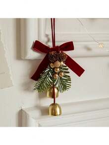 1pc Classic Christmas Door Hanging Decor, Bow & Bell Ornament, No Feathers, Non-Electric Holiday Decoration - Two Bells - View 5