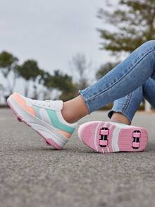 1双儿童拼接撞色PU系带厚底可爱轮滑鞋，适合四季日常穿着，儿童直排轮滑鞋 - 粉色 - 查看 4