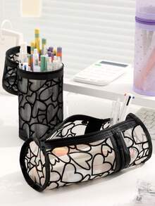 Estojo multifuncional de malha para lápis e pincéis de maquiagem, bolsa transparente para cosméticos com zíper cilíndrico, porta-canetas de dupla utilização ou bolsa para deitar com design de coração de veludo, bolsa de papelaria de grande capacidade para adolescentes, bolsa portátil dobrável para lápis e viagens escolares e de escritório, material de volta às aulas, bolsa de maquiagem de malha - Multicolorido - Ver 6