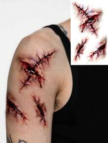 3 件万圣节僵尸疤痕临时纹身，假血迹伤口缝合疤痕身体脸部防水纹身贴纸适用于化妆派对恶作剧 - 紅色 - 查看 2
