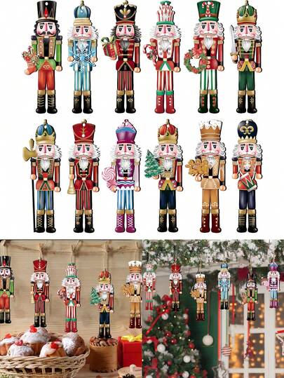 12pcs Christmas Nutcracker Wooden Ornaments Set For Christmas Tree Hanging Wooden Crafts Holiday Decorations Christmas Party Supplies,Christmas Decorations Home,Christmas Gifts,Christmas Table Decorations Winter Room Decor