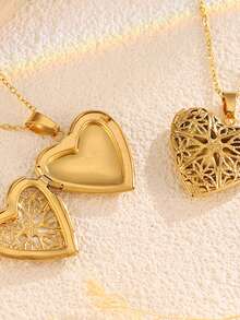 1pc Luxury Stainless Steel Non-Fading Heart-Shaped Engraved Openable Locket Necklace, Suitable For Women's Daily, Festival, Vacation, Dating, Engagement, Wedding, Can Be Gifted To Friends, Family, Lover As Jewelry Accessory