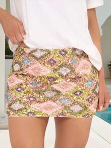 Sparkle In Style: Women's Summer Mini Skirts Sequins Geometric Pattern Skirt Perfect For Daily Wear, Travel Adventures,  Party Vibes - 粉色 - 查看 5