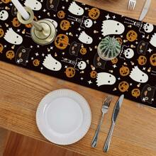 1/25pcs Halloween Themed Pumpkin & Haunted Castle Pattern Table Runner, Dining Table Decor For Restaurant Party Holiday, Dark Style Tablecloth, Halloween Decoration, Indoor Decor, Halloween Party Supplies, Holiday Gift, Room Decor, Dining Table Accessory