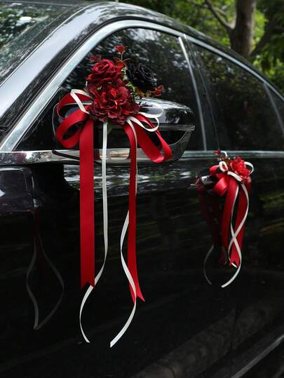 6pcs Rose Flower Rearview Mirror Decor, Wedding Car Flowers, Wedding Venue Decoration, Staircase Handrail, Corridor Door Handle, Bow Ribbon Rose Decor