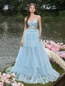 Faeriesty 奢华华丽的紧身胸衣式晚礼服，采用甜心领口、细肩带和精致亮片刺绣 - 蓬松的多层薄纱裙 | 浪漫的正式晚装 | 非常适合婚礼、舞会和优雅的晚会 - 淺藍色 - 查看 3
