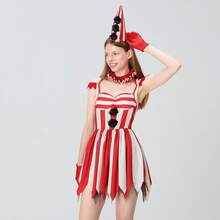 Women Creepy Clown Costume Set, Striped Cold Shoulder Mini Dress Hat Gloves Choker Cosplay Costume For Halloween Stage Party - 紅色 - 查看 7