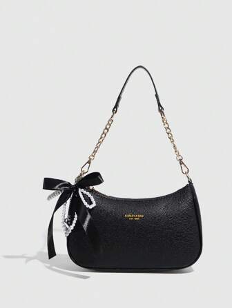 1pc Minimalist Solid Crescent Handbag, Fashionable Baguette Tote, Versatile Shoulder/Underarm Bag, Y2K Babe Bag, With Bow Decor Pendant