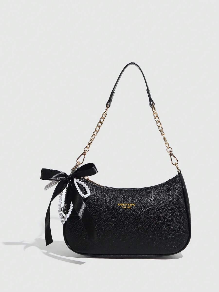 Minimalist Solid Crescent Handbag, Fashionable Baguette Tote, Versatile Shoulder/Underarm Bag, Y2K Babe Bag With Bow Charm, Stylish Crossbody Bag - White - View 1