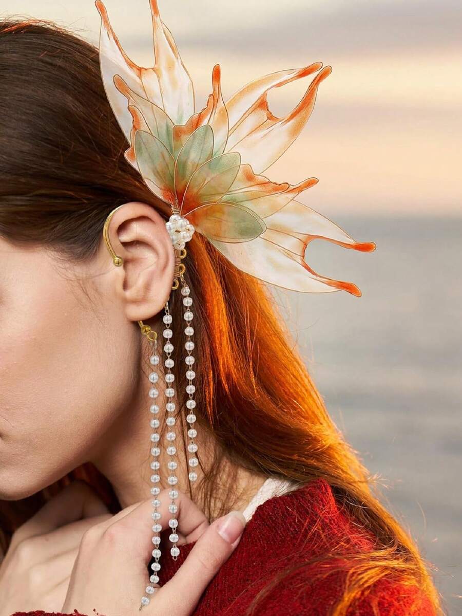 Women Fairy Ear Cuffs Beautiful Clip-On Mermaid Earrings Fashion Ear Cuffs Cosplay Accessories - trái cam - Xem 1