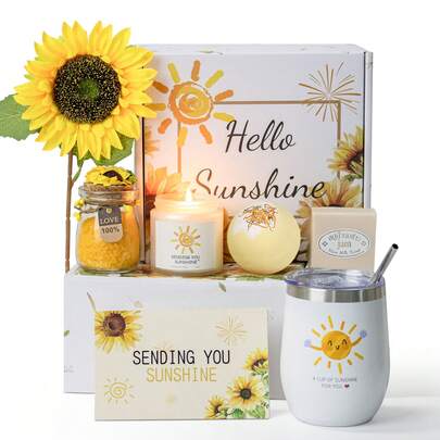 Sunflower Gift Box Set - Birthday Hamper Includes Bath Bombs, Scented Candle, Essential Oil Soap, Bath Salts & Tumbler With Greeting Card