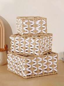 1pc Handwoven Storage Basket, Multipurpose Desktop Organizer Box, Living Room Storage Bin, Can Store Snacks, Toys, Keys And Small Items, Bohemian Geometric Woven Basket, Wooden Rattan Planter Stand, Mixed Natural Rope Decor, Creates Coastal Ambiance. - square - View 6