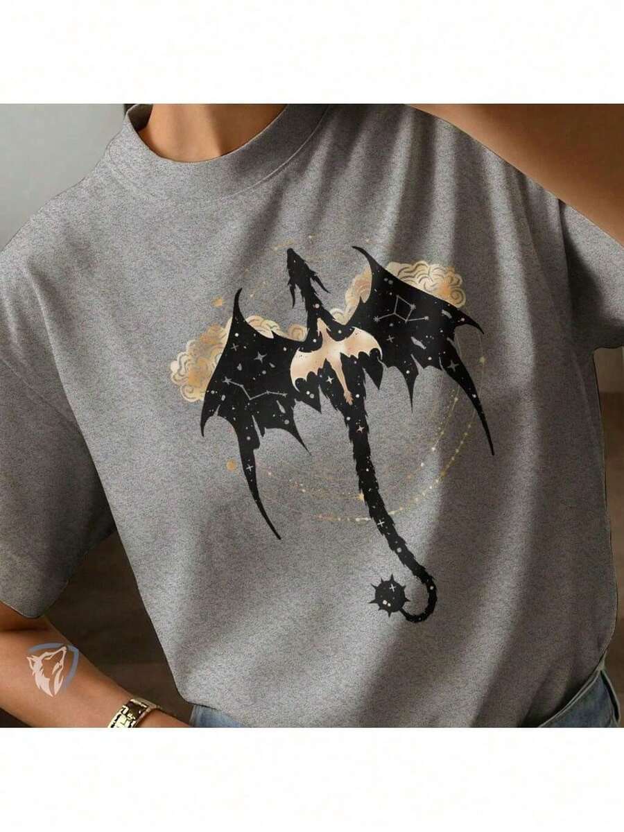 Mystical T-Shirt With Winged Dragon | Fantasy Print On 100% Cotton - Xám - Xem 1