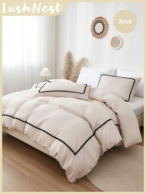 Beige Duvet Cover Set Boho Farmhouse Bedding Set 3 Pieces Mini Black Pom Pom Decor Beige Comforter Cover Soft Microfiber Pom Pom Comforter Cover For Boys Girls 1 Duvet Cover 2 Pillowcases No Comforter