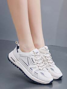 Zapatillas deportivas de malla transpirable con puntera redonda y suela gruesa para mujer, zapatillas de tenis para mujer, zapatos cómodos con diseño moderno en colores contrastantes, zapatillas cómodas para correr, nuevo modelo de zapatillas deportivas transpirables para otoño. - Azul - Ver 4