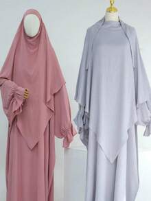 1 套柔软 Abaya 穆斯林连衣裙伊斯兰女装，Abaya 迪拜伊斯兰服装，长袍喇叭袖设计，搭配纯色头巾，经典百搭上衣 - 彩色 - 查看 1