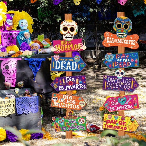 10pcs Skull Shaped Directional Signs Lawn Stakes For Day Of The Dead Party Decorations