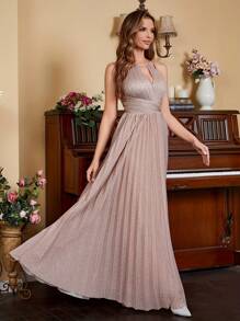 Local Shipping- [Formal Evening Party Gowns For Women] Sparkly Bridesmaid Dresses Long For Women Wedding Guest Party Gowns Halter Pleated Formal Evening Party Gowns Key Hole Front A-Line Zipper Back Homeocming Dresses Long For Teens Hoco Cocktail Gowns