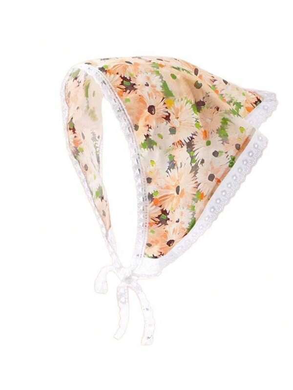 Bandana feminina, 1 peça, lenço de cabeça com renda floral, cachecol triangular moderno, cachecol de chiffon floral campestre, faixa de cabeça para meninas, acessórios de cabelo, acessórios de outono