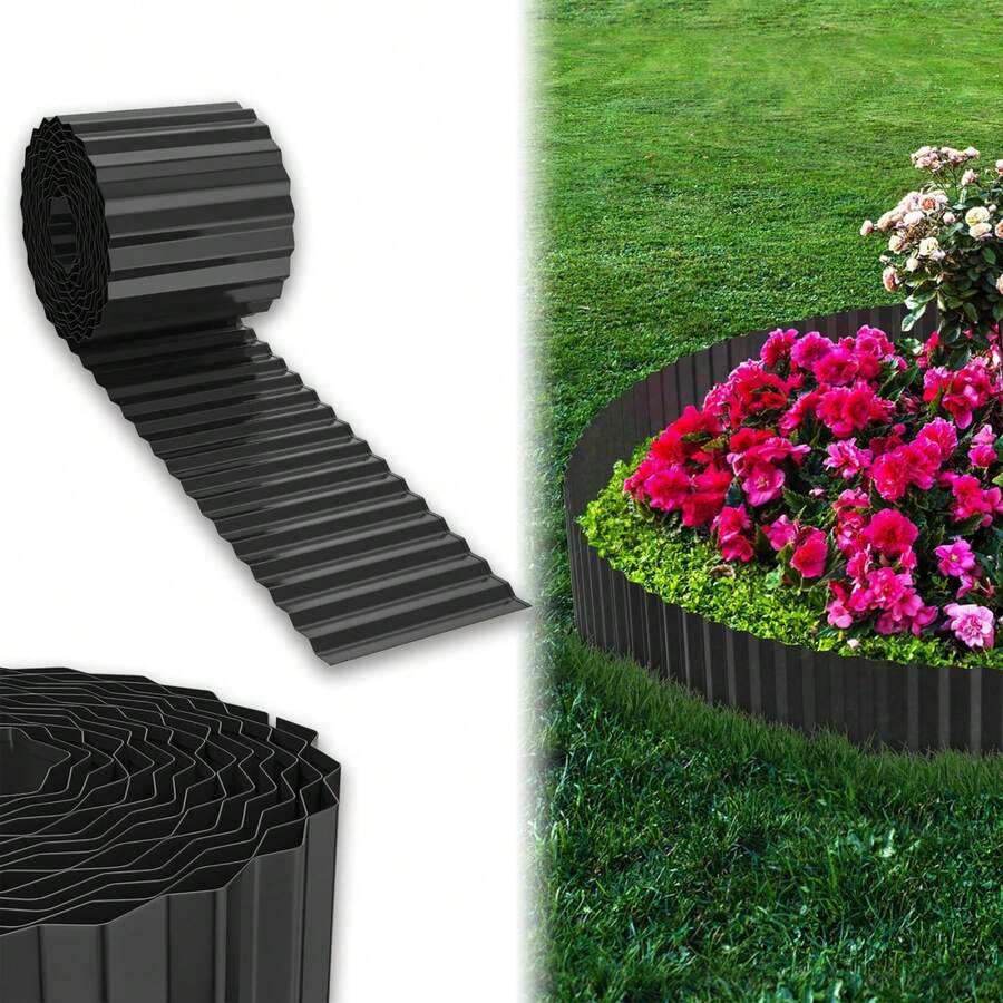 VA-Cerulean Corten Steel Lawn Edging, Galvanized Metal Bed Border, Easy To Install, 18cm High, Flexible Lawn Edging, Root Barrier For Flower Beds Or As A Mowing Edge, Length Adjustable (5M, Black/Silver) - Black - View 1