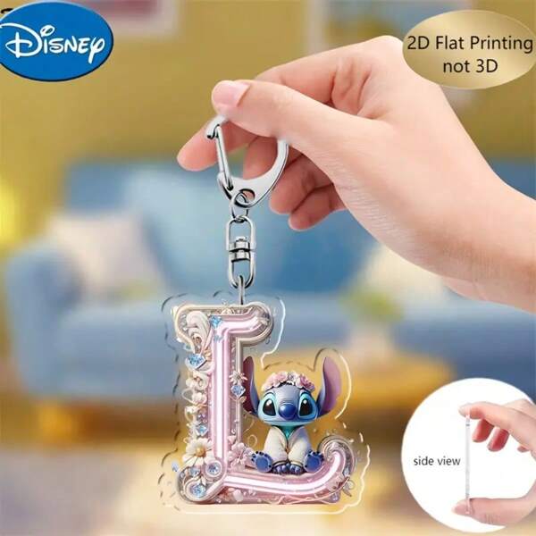 Disney 2D Flat, 1pc Disney Stitch Acrylic Keychain, 26 English Letters, With Stitch Angel Cartoon Pattern Design, Cute Kawaii Bag Pendant, Car Key Ring, Spelling Pendant, Perfect Birthday Gift, 2D Flat Car Accessories Goth Y2k