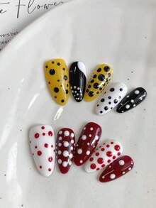 10 Pieces Of Short Press-On Nails, Summer Nail Art, Beautiful Fake Nails, Diy, Halloween, Colorful Polka Dot Pattern White Nails Red Nails Black Yellow Nails, Reusable Nail Accessories For Girls, Ladies In Wedding, Party, Holiday Scenes, Gift A Set Of Nail Kit Nail Supplies Nails - Multicolor - View 3