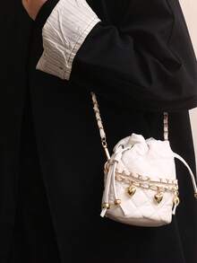 Solid Color Fashionable Rhombus Mini Drawstring Bucket PU Commuter Elegant Shoulder Bag For Women - Beige - View 4