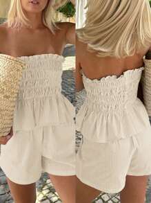 Vaiaye Women's Hawaii Boho Tropical Beach Vacation 2-Piece Set – One-Shoulder Striped Ruffle-Edge Minimalist Everyday Bandeau Top & Shorts, Perfect For Dates, Afternoon Tea, Holidays, Music Festivals And Christmas.