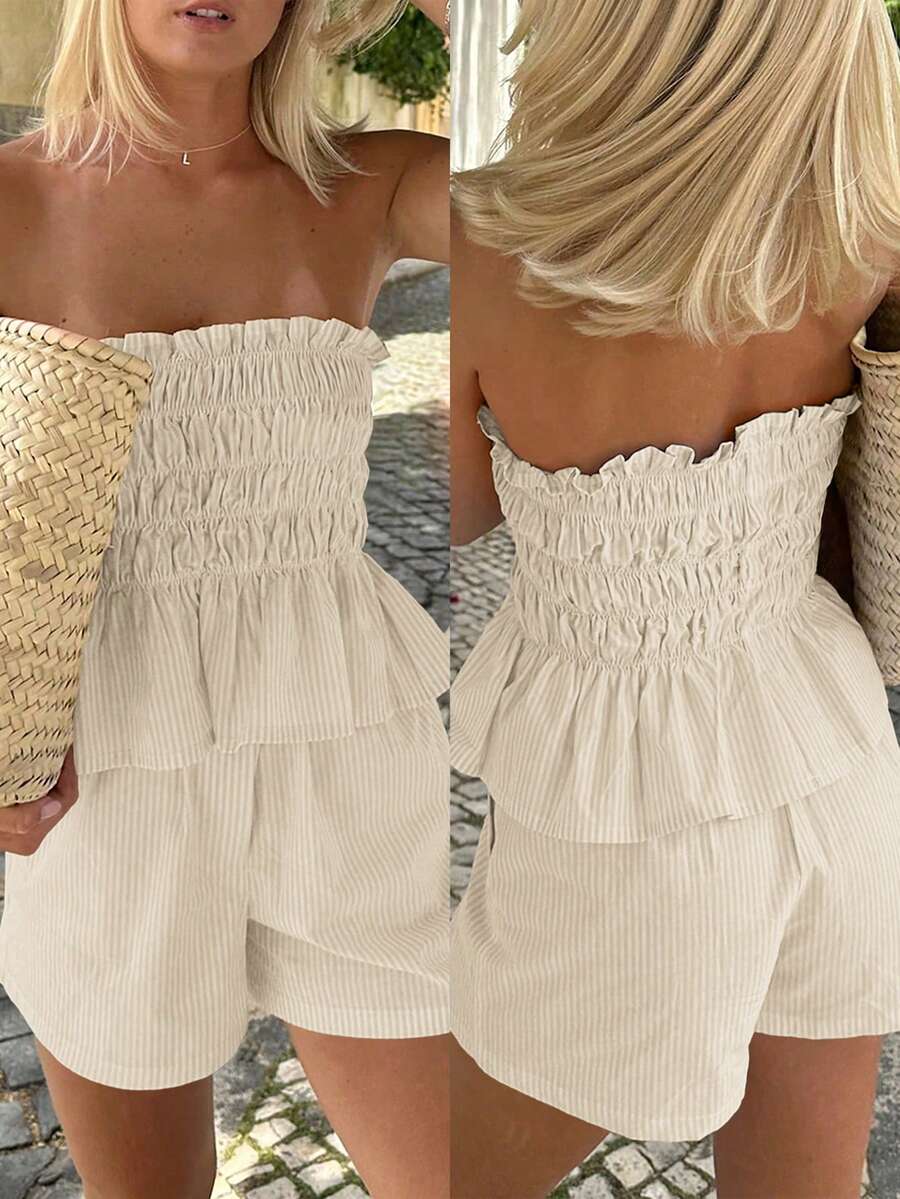 Vaiaye Women's Hawaii Boho Tropical Beach Vacation 2-Piece Set – One-Shoulder Striped Ruffle-Edge Minimalist Everyday Bandeau Top & Shorts, Perfect For Dates, Afternoon Tea, Holidays, Music Festivals And Christmas.