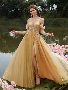 Faeriesty Robe de soirée élégante à épaules dénudées, dos nu et fente haute en mousseline de soie coupe évasée. Parfaite pour les grands galas, les réceptions de mariage de luxe, les premières d'opéra, les grands événements de bienfaisance, les fêtes du Nouvel An et autres occasions formelles. - Champagne - Voir 1