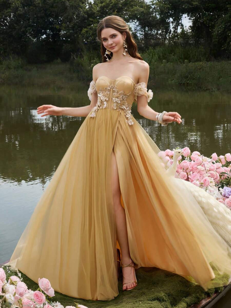 Faeriesty Robe de soirée élégante à épaules dénudées, dos nu et fente haute en mousseline de soie coupe évasée. Parfaite pour les grands galas, les réceptions de mariage de luxe, les premières d'opéra, les grands événements de bienfaisance, les fêtes du Nouvel An et autres occasions formelles. - Champagne - Voir 1