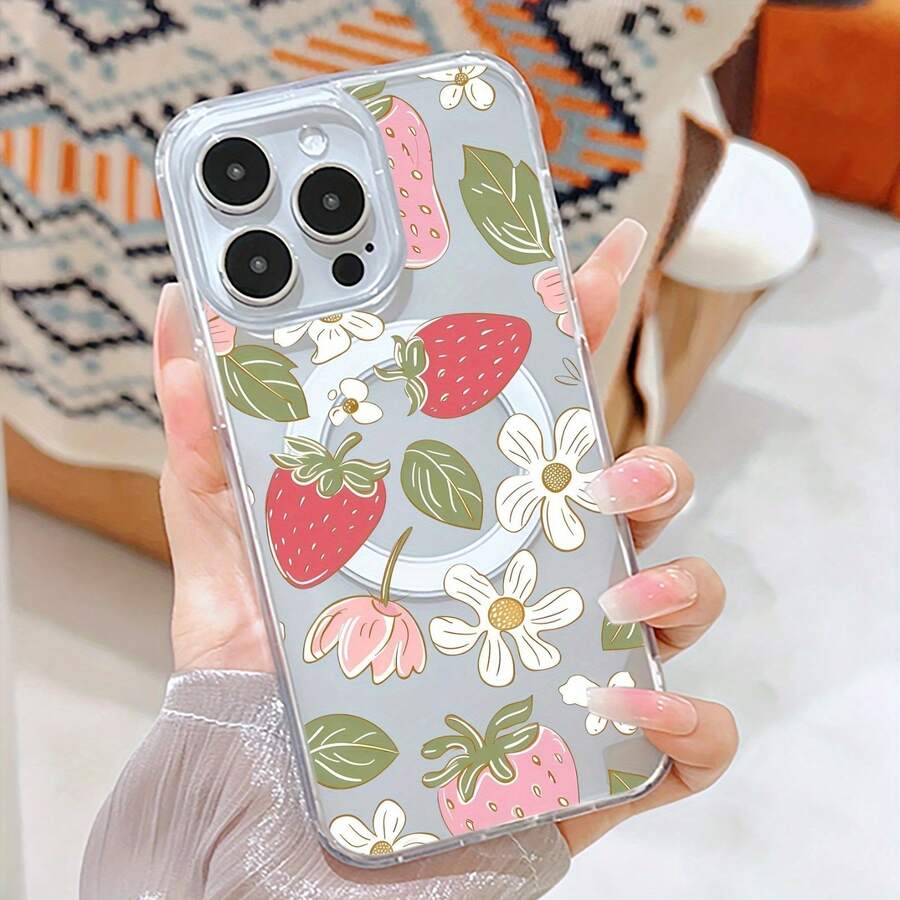 Estuche para teléfono Estuche magnético para teléfono móvil con graffiti pintado transparente de fresa de moda y exquisita Teléfono adecuado16 15 14 13 12 11Pro X X / Protector antiincrustante, de moda, anticaída magnético - transparente - Ver 1