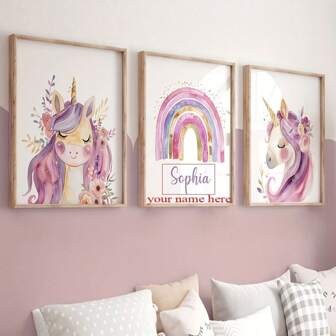3pcs Customized Unicorn Canvas Wall Art - Personalized Children's Bedroom Decor, Pink & Purple Unicorn Design With Rainbow & Floral Accents, Frameless, Suitable For Living Room Or Nursery, Nursery Wall Decor | Fun Room Decor | Vibrant Wall Decor, Unicorn Decor, Multipurpose, Decorative, Reusable, Refined, Fashionable, High-Quality, Colorful, Modern, Customizable, Personalized, Unique, Ideal Gift