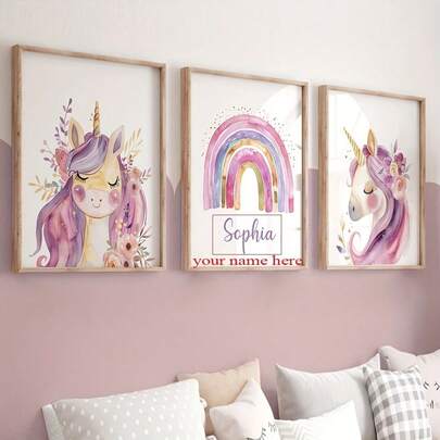 3pcs Custom Name Unicorn Canvas Prints - Personalized Wall Art For Kids' Bedroom, Pink & Purple Unicorn Designs With Rainbow, Floral Accents, Frameless, Indoor Decor For Living Room Or Nursery, Nursery Wall Decor | Playful Room Accent | Vibrant Wall Art, Unicorn Decor