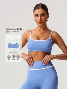 Sodalemon Women Color Block Fitness Light Support Straight Strap Yoga Sport Bra - Baby Blue - View 9