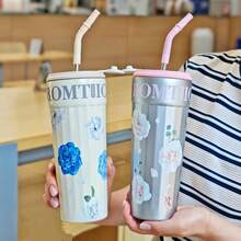 1pc Fashionable Women's Stainless Steel Straw Cup, Portable Vacuum Insulated Beverage Cup, Elegant Floral Drink Cup Gift