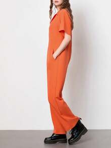 Women's Halloween Cosplay Costume, Prisoner Costume, Button Closure Short Sleeve Long Jumpsuit, Role Play Costume - Orange - View 5