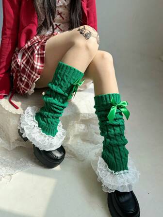1 Pair Women's Green Lolita Bow Lace Trim Cable Knit Leg Warmers Christmas Gift