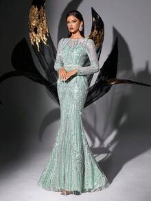 Đầm dạ hội lộng lẫy đính sequin và hạt cườm dành cho nữ, kiểu dáng đuôi cá tay dài thanh lịch, thích hợp cho khách dự đám cưới mùa xuân, tiệc cocktail, lễ tốt nghiệp. - Màu xanh bạc hà - Xem 4